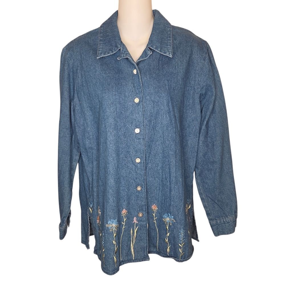 Denim & Co. Vintage Embroided Ribbon Flowers Floral Jean Jacket Size Small